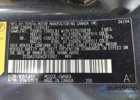 2004 Lexus Rx 330 from USA, damaged, VIN 2T2GA31U04C013062